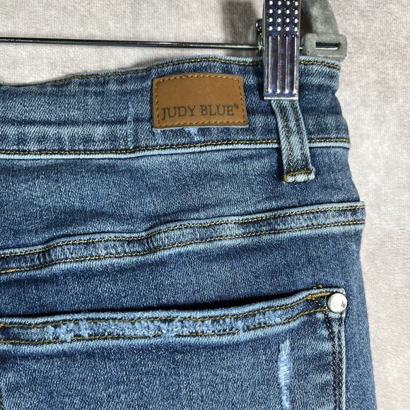 Judy Blue Jeans Womens 14W Blue Skinny Fit Distressed Plaid Patch Cuffed Red - Picture 4 of 15